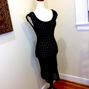 Black dress, knee length, crocheted